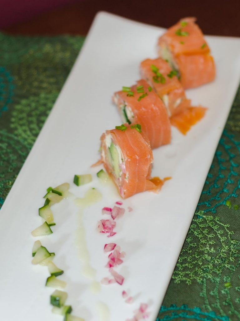 Smoked Salmon Rolls with Cucumber, Red Onions, Avocado and a Compound Butter