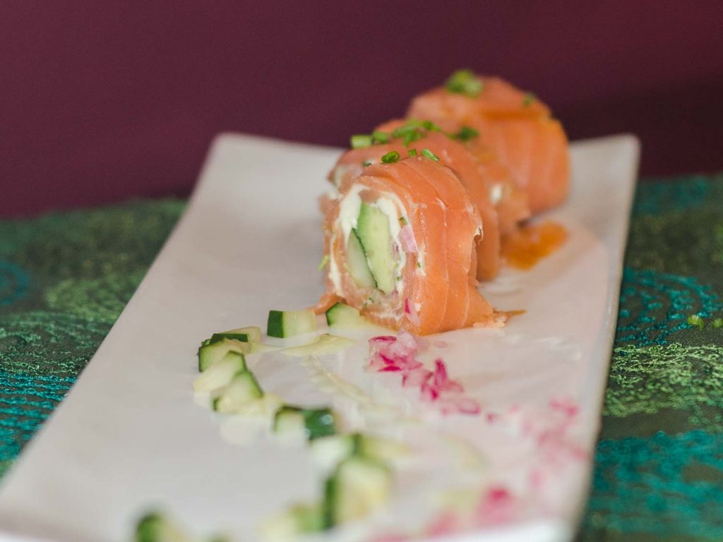 Smoked Salmon Rolls with Cucumber, Red Onions, Avocado and a Compound Butter