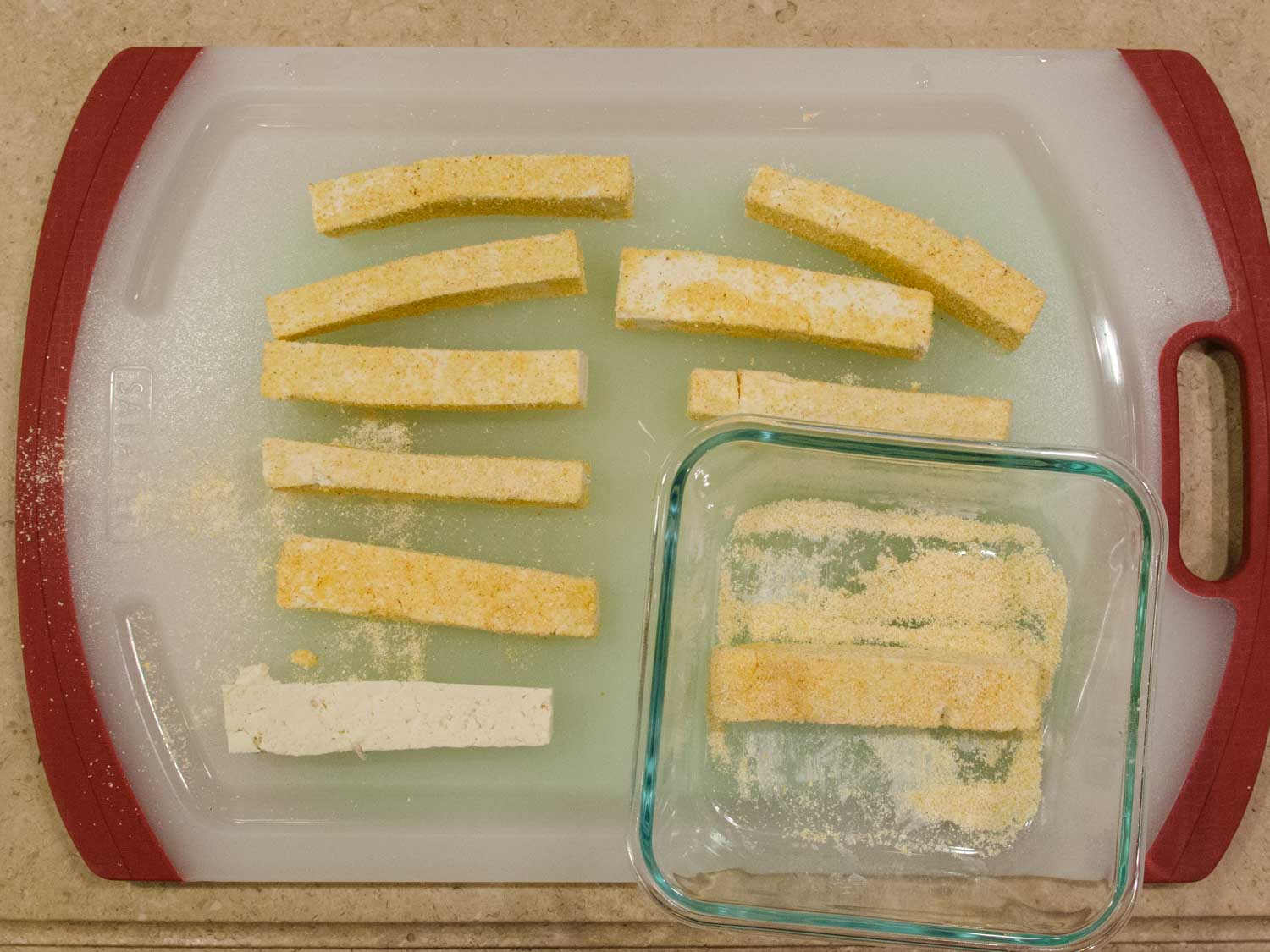 Dredging and Coating Tofu Fries with Cornmeal