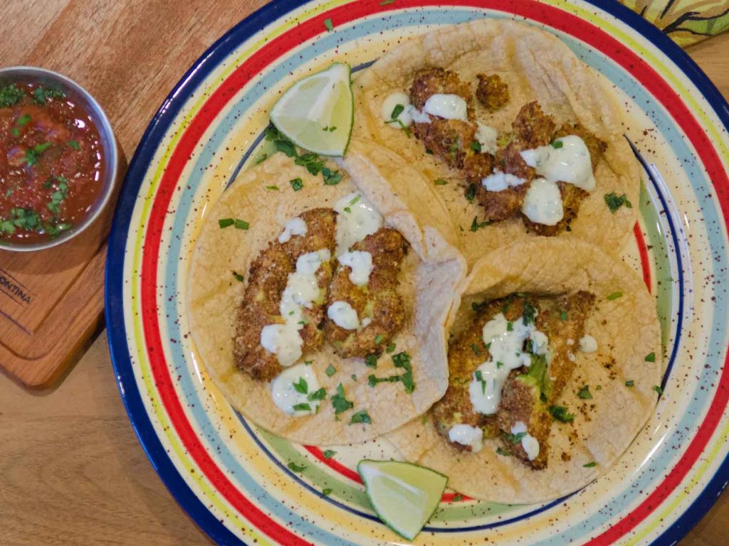 Air Fried Avocado Street Tacos with Cilantro Crema