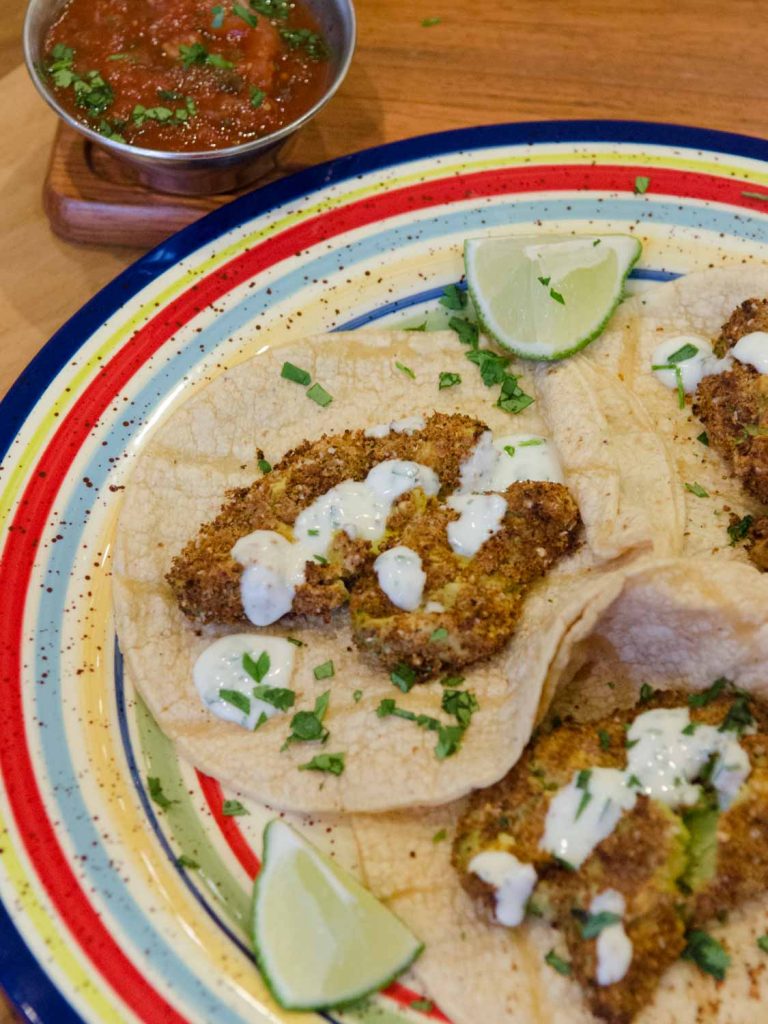 Air Fried Avocado Street Tacos with Cilantro Crema