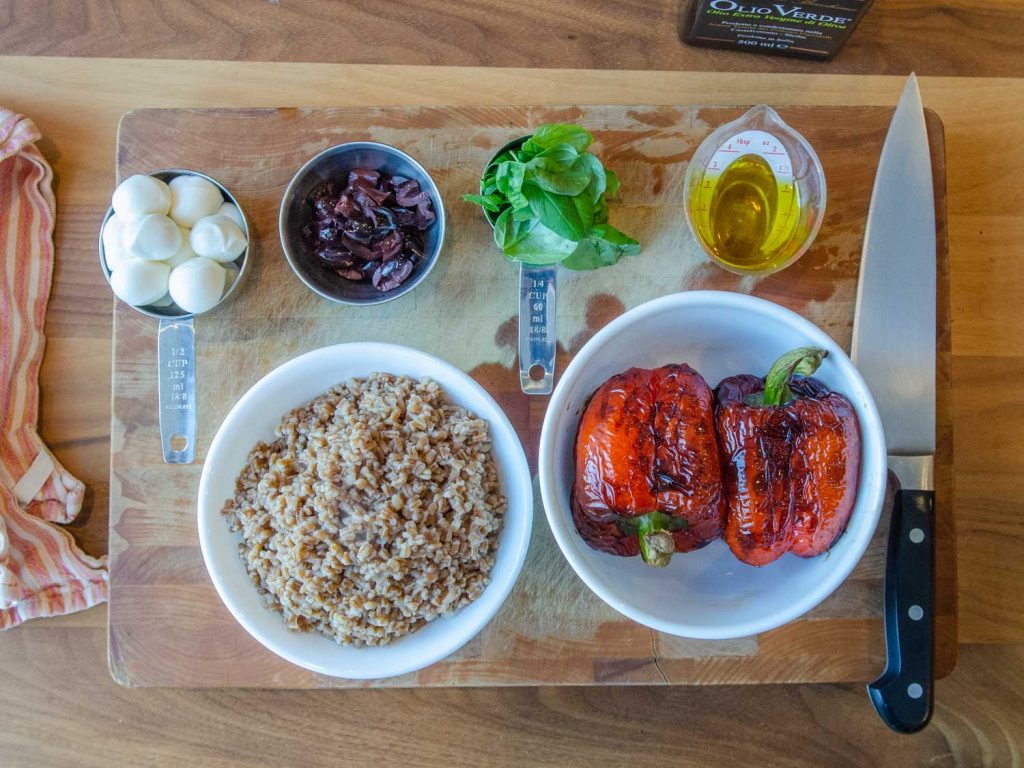 Prep for making wheat berry roasted red pepper salad