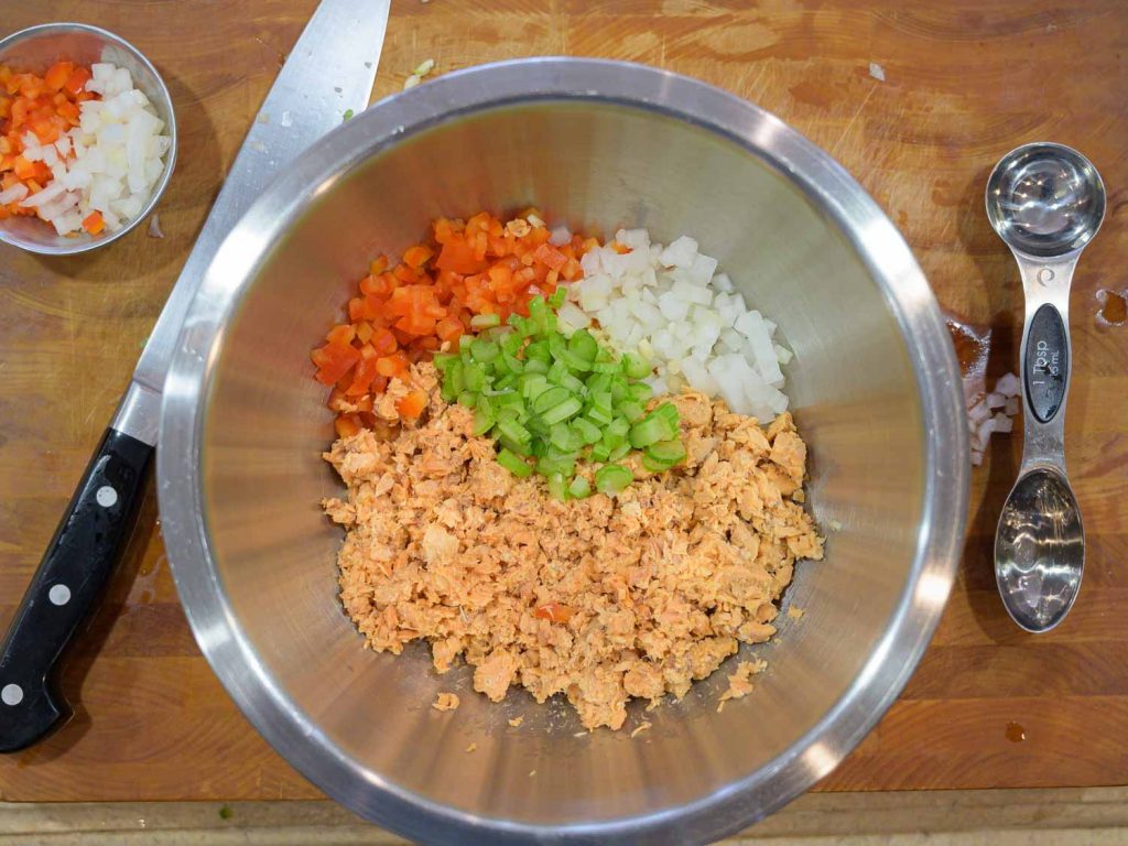 Ingredients for making burgers with canned salmon