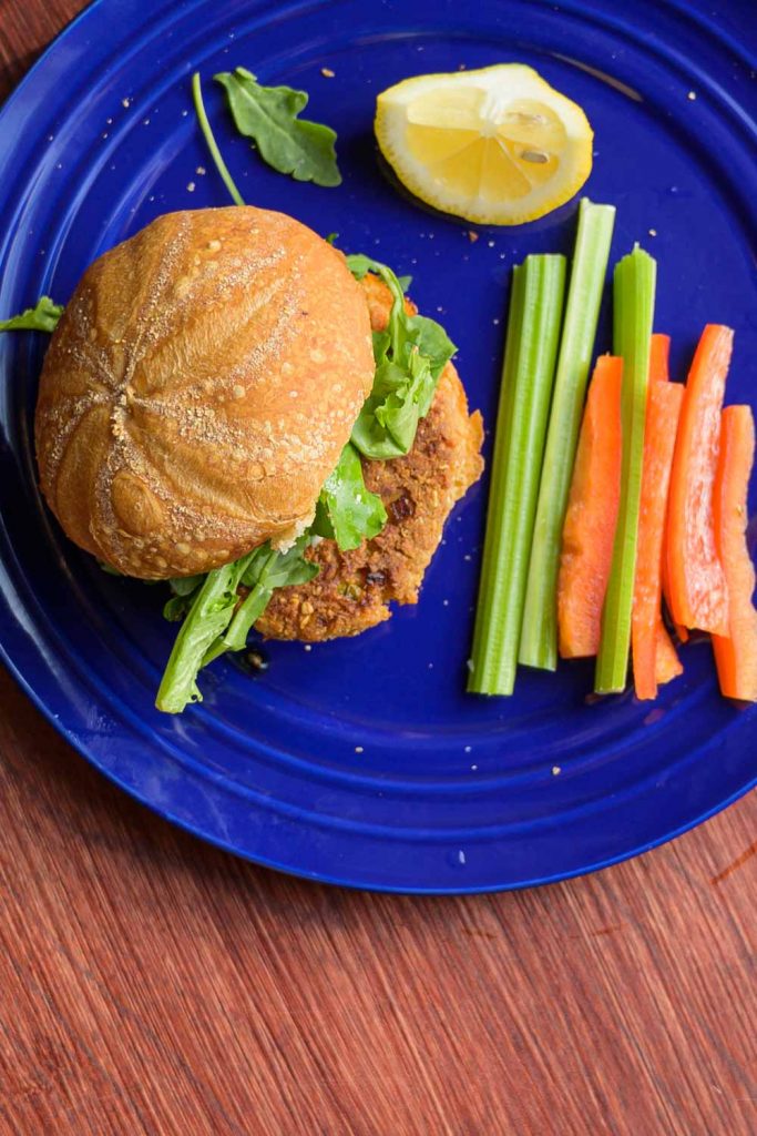 Canned Salmon Burger on a Bun with Caper Aioli