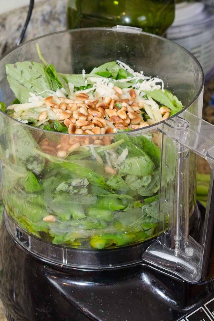 Asparagus, Basil, Pesto, Parmesan and Olive Oil in a Food Processor