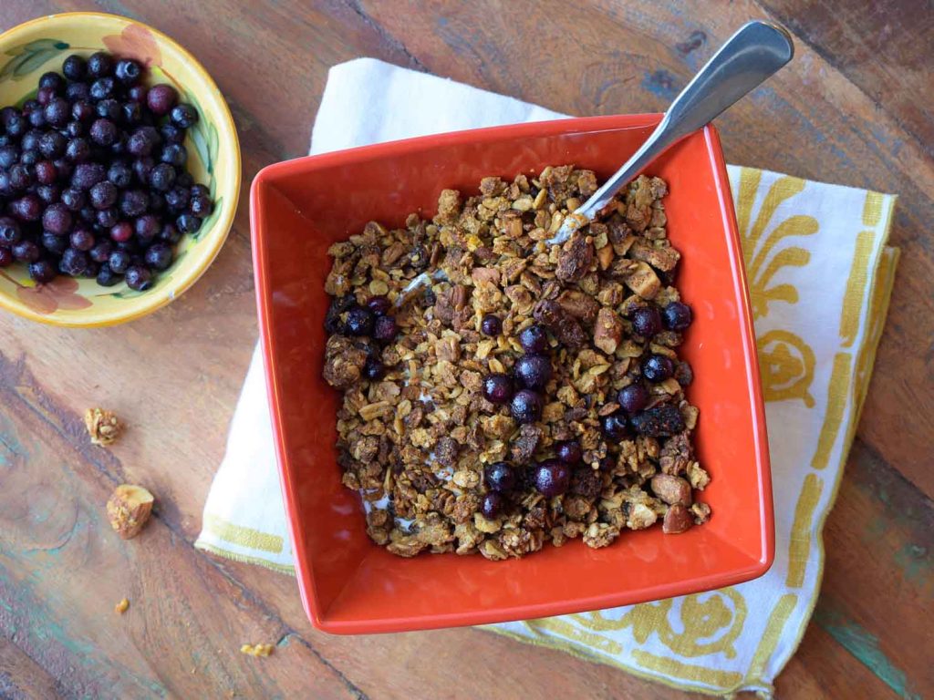 Bowl of Okara Cereal with Blueberries