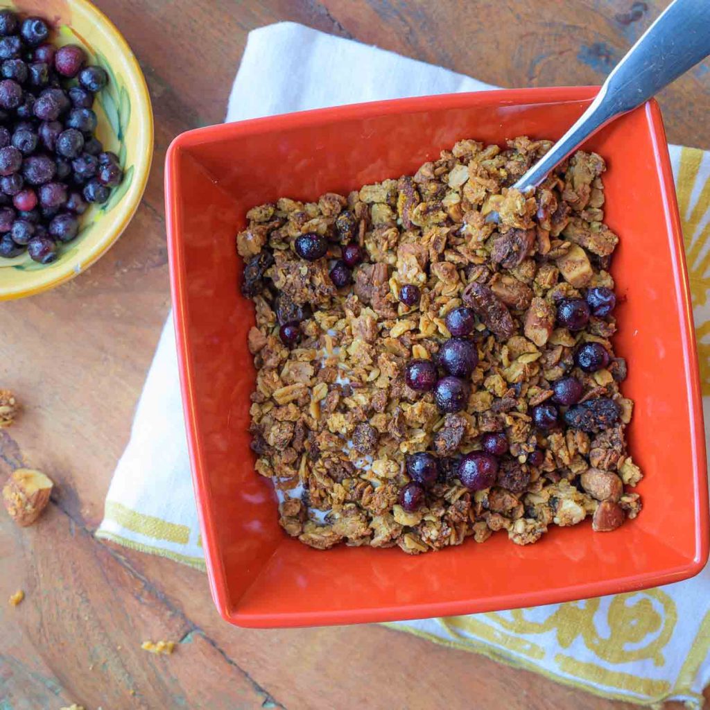 Bowl of Okara Breakfast Granola with Greek Yogurt
